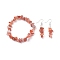 Natural Red Agate Chips Beaded Jewelry Set, Gemstone Stretch Bracelets & Dangle Earrings for Women, Platinum, 35mm, Pin: 0.5mm, Inner Diameter: 2-1/8 inch(55mm)