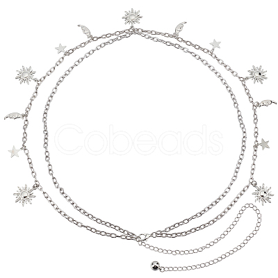 Alloy Moon Sun Star Double Layer Tassel Waist Chains AJEW-GF0013-25P-1