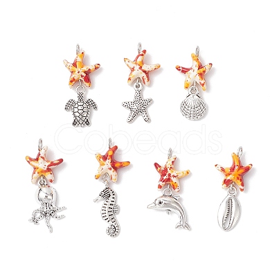 7Pcs 7 Styles Dyed Synthetic Turquoise Starfish & Alloy Sea Animals Pendants PALLOY-JF03754-1
