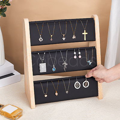 3-Tier Bamboo Necklace Organizer Display Stands with PU Leather Mat NDIS-WH0003-020A-1