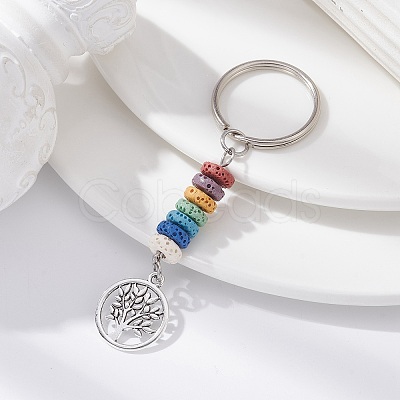 Tibetan Style Alloy Flat Round with Tree of Life Keychain KEYC-JKC00558-1