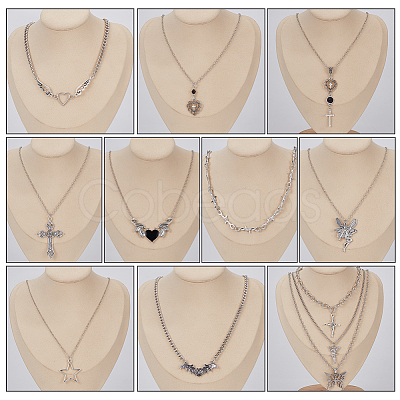 12Pcs 12 Style Heart & Cross & Butterfly & Bat Alloy Enamel Pendant Necklaces Set with Rhinestone NJEW-FI0001-03-1