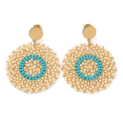 Woven Glass Beaded Flat Round Dangle Stud Earrings EJEW-A105-12G-1