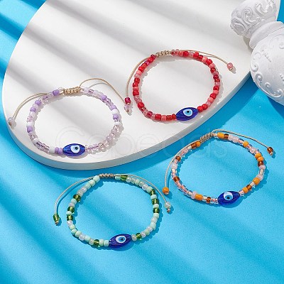 4Pcs 4 Colors Evil Eye Lampwork & Glass Seed Braided Bead Bracelets Set BJEW-JB09706-S-1