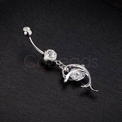 Piercing Jewelry Real Platinum Plated Brass Rhinestone Dolphin Navel Ring Belly Rings AJEW-EE0001-63-1