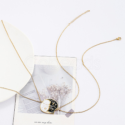 2Pcs Yin-yang Black and White Cat Shaped 201 Stainless Steel Enamel Pendant Necklaces for Couple FS-WG6093D-01-1
