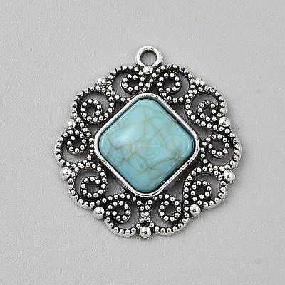 Tibetan Style Alloy Pave Synthetic Turquoise Pendants PALLOY-CJC0025-01AS-F-1