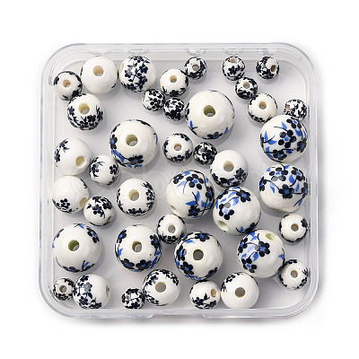 40Pcs 4 Styles Handmade Printed Porcelain Beads PORC-FP0001-06-1