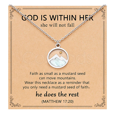 Flat Round 201 Stainless Steel Pave Natural Shell Mustard Seed Pendant Necklaces for Women WG511AE-06-1
