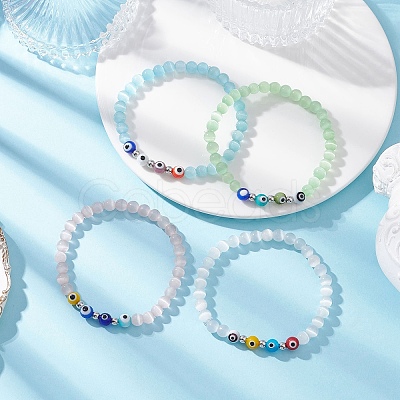 4Pcs 4 Colors Cat Eye & Handmade Evil Eye Lampwork Round Beaded Stretch Bracelets for Women BJEW-JB12289-1