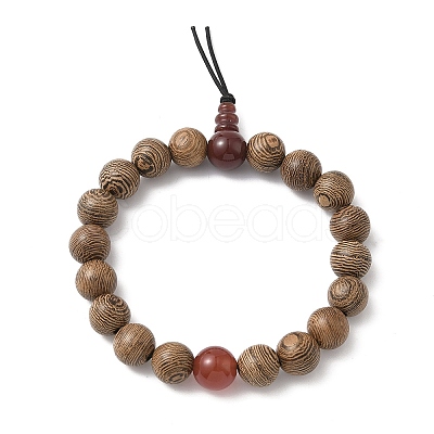 2Pcs 2 Styles Natural Carnelian & Wood Round Beaded Stretch Bracelets Sets for Men Women BJEW-JB12346-1