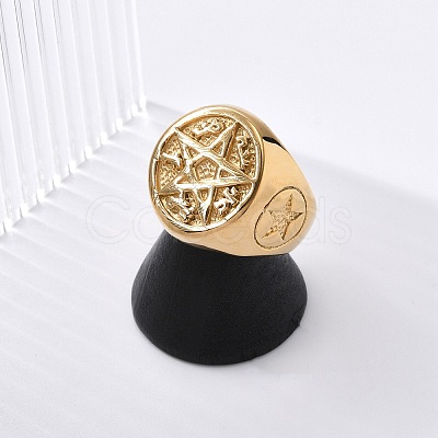 Round with Star 304 Stainless Steel Signet Rings for Unisex RJEW-Z076-07G-01-1