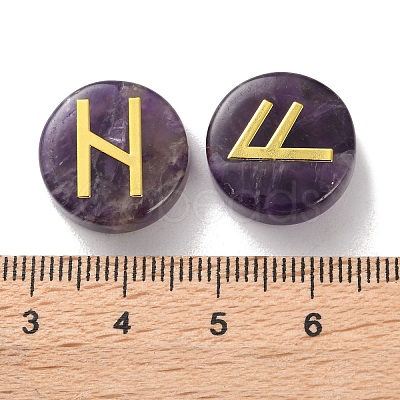 Brass Elder Futhark Alphabet Engraved Symbol Flat Round Natural Amethyst Rune Stones G-I373-01M-1