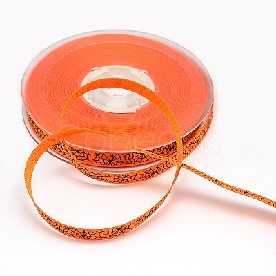 Halloween Ornaments Spider Web Pattern Printed Grosgrain Ribbons SRIB-L005-9mm-03-1