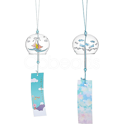 2Pcs 2 Styles Round with Boat & Bird Pattern Glass Wind Chime HJEW-BC0001-10-1
