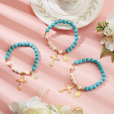 Synthetic Turquoise Round Beaded Stretch Bracelet BJEW-PH01531-02-1