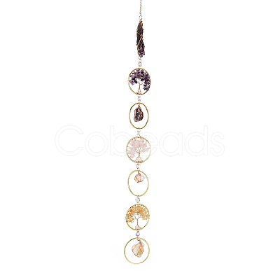 Flat Round with Tree of Life Natural Gemstone Chips Chandelier Hanging Suncatcher AJEW-Q143-03-1