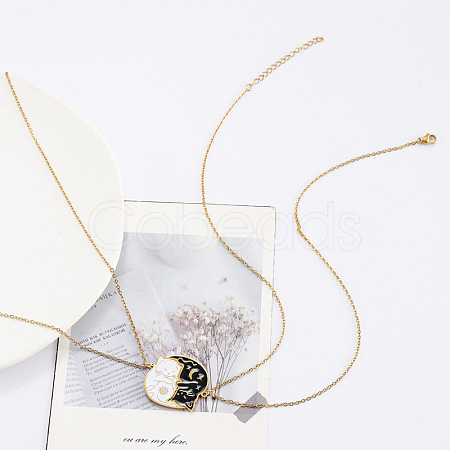 2Pcs Yin-yang Black and White Cat Shaped 201 Stainless Steel Enamel Pendant Necklaces for Couple FS-WG6093D-01-1