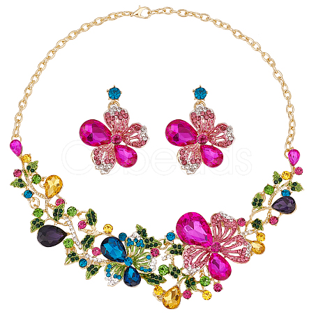 ANATTASOUL Colorful Rhinestone Flower of Life Pendant Necklace & Dangle Stud Earrings SJEW-AN0001-12-1