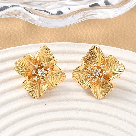 Brass Micro Pave Clear Cubic Zirconia Flower Stud Earrings EJEW-D337-04G-1
