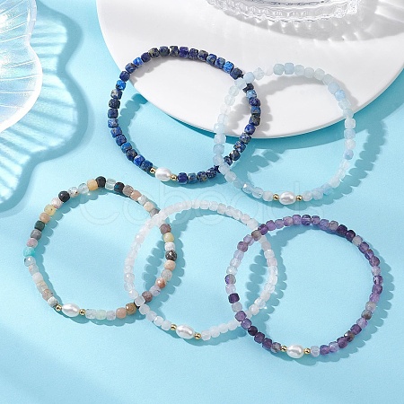 Natural Mixed Gemstone Cube Beads Stretch Bracelets for Women BJEW-JB13179-1