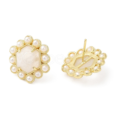 Ion Plating(IP) Natural Moonstone Hexagon Stud Earrings with Plastic Pearl Beaded EJEW-E287-01G-02-1
