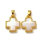 Rack Plating Brass Natural White Shell Pendants, Cross, Golden, 15.5x12.5x3mm, Hole: 5X2.5mm