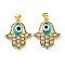 Brass Cubic Zirconia Pendants, with Lampwork, Real 18K Gold Plated, Hamsa Hand Charm, Turquoise, 24x20.5x4mm, Hole: 5x3.5mm