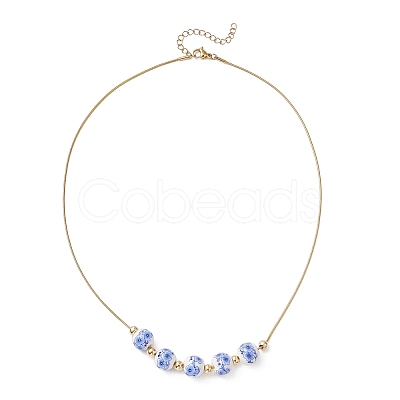 Handmade Flower Printed Porcelain Round Beaded 304 Stainless Steel Snake Chain Necklaces NJEW-JN05361-1