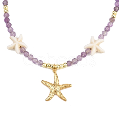 Synthetic Turquoise & Natural Amethyst Faceted Round Beaded Starfish 304 Stainless Steel Pendant Necklaces for Women NJEW-JN05459-1