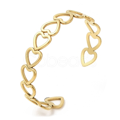 Ion Plating(IP) 304 Stainless Steel Heart Open Cuff Bangle for Women BJEW-L682-001G-1