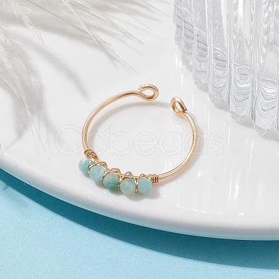 Copper Wire Wrapped Natural Amazonite Open Ring RJEW-JR00630-01-1