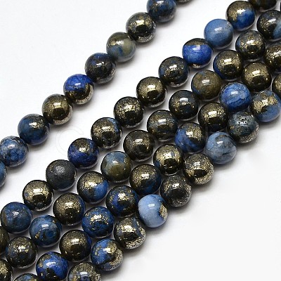 Electroplate Gemstone Natural Pyrite Round Beads Strands G-L129-8mm-01-1