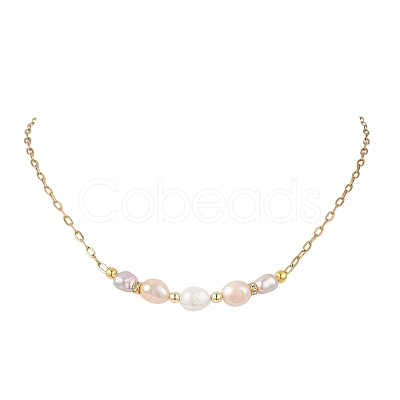 Natural Pearl Rice Beaded Necklaces with 304 Stainless Steel Paperclip Chains NJEW-JN05977-02-1