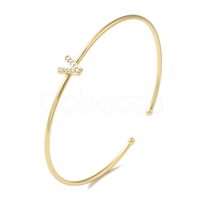 Rack Plating Brass Micro Pave Clear Cubic Zirconia Letter Open Cuff Bangles BJEW-A018-01G-V-1