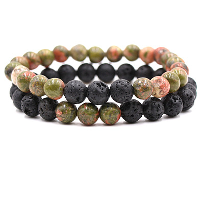 2Pcs 2 Styles Natural Unakite & Lava Rock Round Beaded Stretch Bracelets for Couple FS-WGA2A2E-07-1
