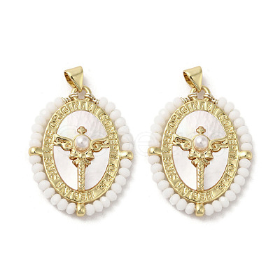 Brass Pave Shell Pendants KK-I708-01-G-1