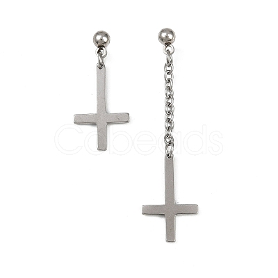 Christian Upside Down Cross 201 Stainless Steel Dangle Stud Earrings LS-EJEW-P314-01C-P-1