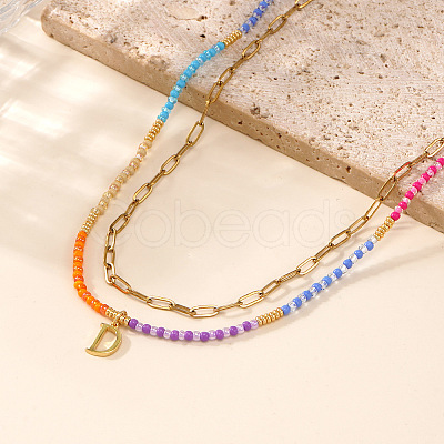 Colorful Glass Seed Beaded Initial Pendant Double Layer Necklaces QS3881-4-1