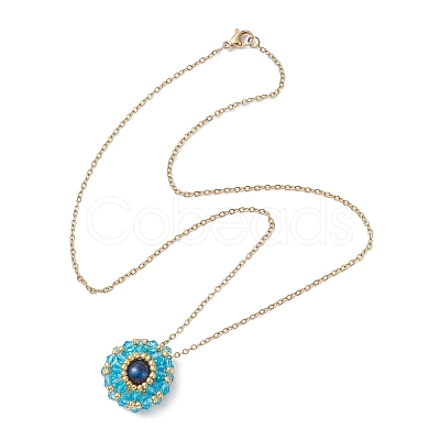 Dyed Natural Blue Tiger Eye & Glass Seed Beaded Flat Round Pendant 304 Stainless Steel Cable Chain Necklaces NJEW-MZ00129-06-1
