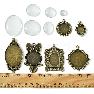 DIY Blank Owl/Round Glass & Tibetan Style Alloy Pendant Making Kits DIY-FS0006-11-1