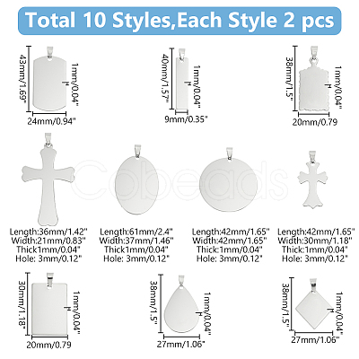 20Pcs 10 Styles Stainless Steel Stamping Blank Tag Pendants STAS-WR0001-09-1