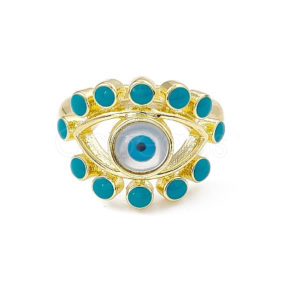 Deep Sky Blue Natural Shell Evil Eye Open Cuff Ring with Enamel RJEW-I091-05G-1