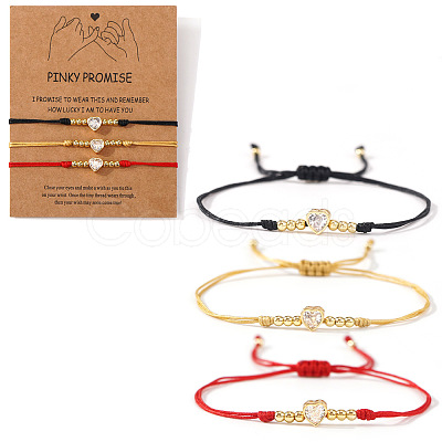 3Pcs Adjustable Brass Micro Pave Clear Cubic Zirconia Bead Braided Bead Bracelets. Waxed Cord Braided Bracelets for Women PW0686-1-1