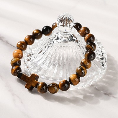 Natural & Synthetic Mixed Gemstone Cross & Round Beaded Stretch Bracelets BJEW-C119-01-1
