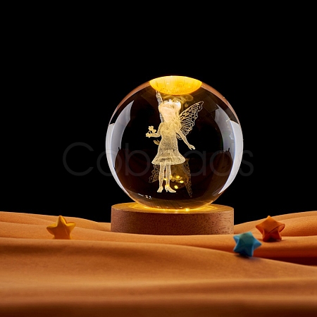 Inner Carving Fairy Glass Crystal Ball Diaplay Decoration with LED Wooden Base PW-WG14048-01-1