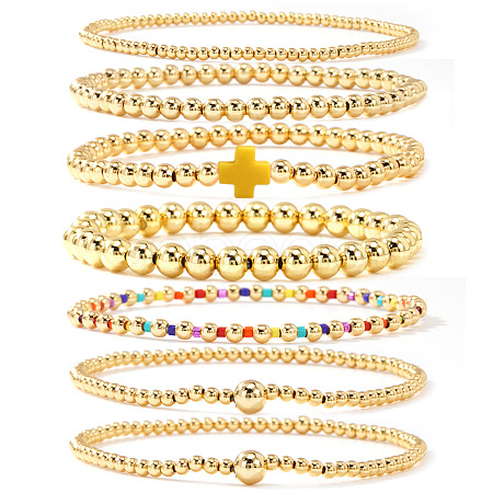 7Pcs Brass Round Beaded Bracelets for Women SB9067-9-1