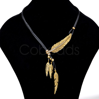 Feather Alloy Crystal Rhinestone Pendant Multi-Strand Black Wax Cord Lariat Necklaces for Women FS-WGEEE72-01-1