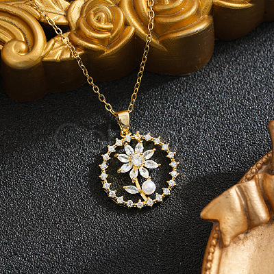 Brass Pave Clear Cubic Zirconia Ring with Flower Pendant 201 Stainless Steel Cable Chain Necklaces for Women WGD11B6-01-1