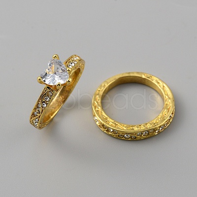 2Pcs 2 Style Cubic Zirconia Heart Finger Rings RJEW-WH0016-02G-02-1